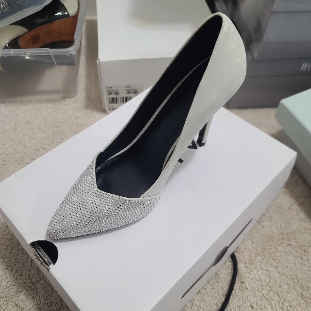 Silver suede pumps